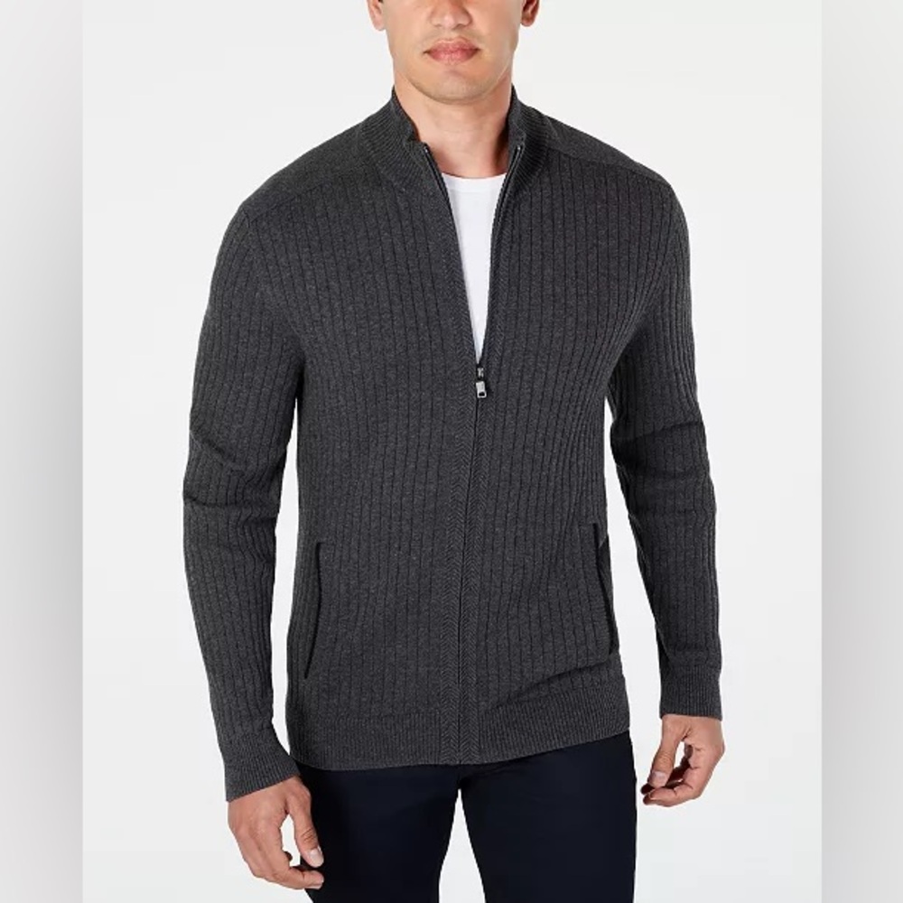 Alfani Men's Ribbed Full-Zip Sweater, Classic Fit size large